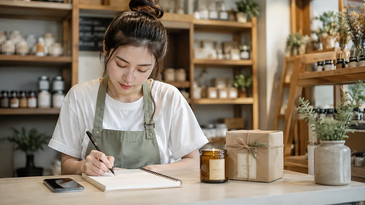 ภาพจำลองสมจริง: เจ้าของร้านร่างข้อความขายสินค้าลงสมุดข้างเทียนบรรจุกล่อง