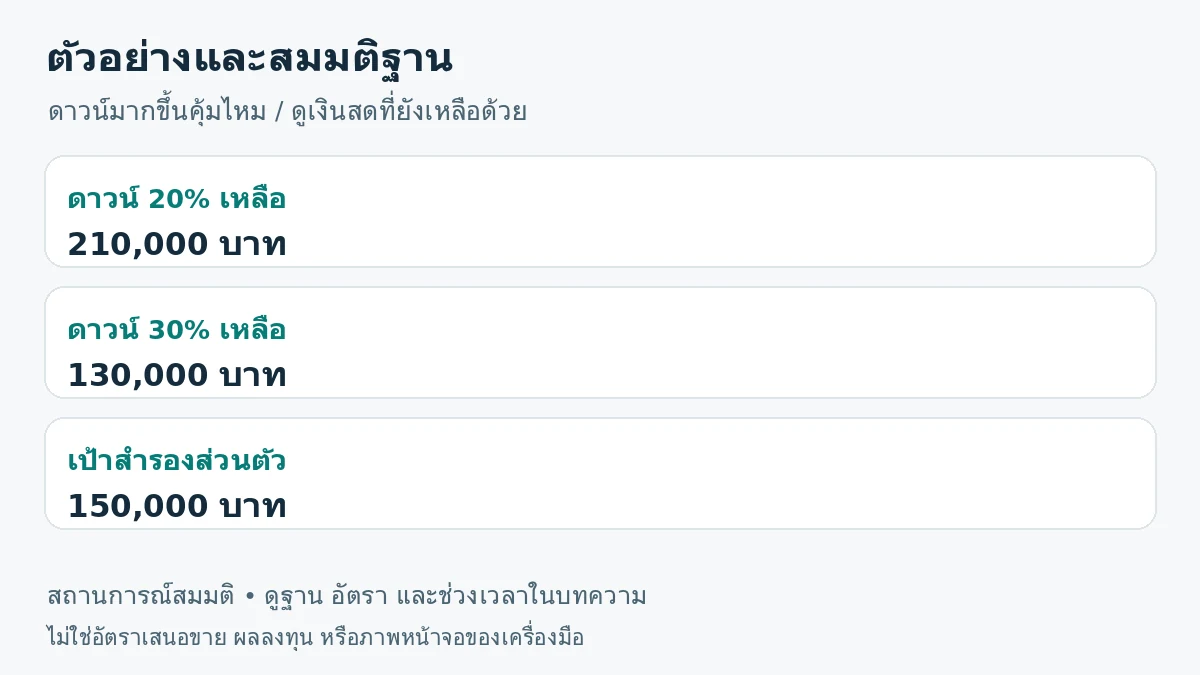 ภาพสรุปตัวอย่าง: ดาวน์ 20% เหลือ 210,000 บาท; ดาวน์ 30% เหลือ 130,000 บาท; เป้าสำรองส่วนตัว 150,000 บาท