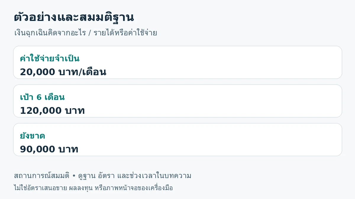 ภาพสรุปตัวอย่าง: ค่าใช้จ่ายจำเป็น 20,000 บาท/เดือน; เป้า 6 เดือน 120,000 บาท; ยังขาด 90,000 บาท