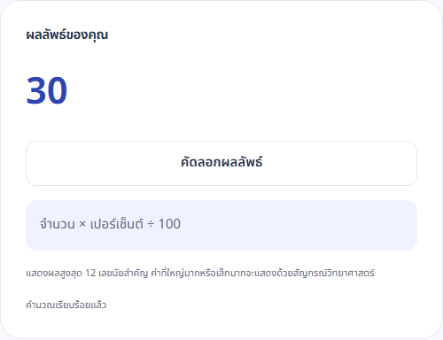 ผลลัพธ์ 15 เปอร์เซ็นต์ของ 200 เท่ากับ 30