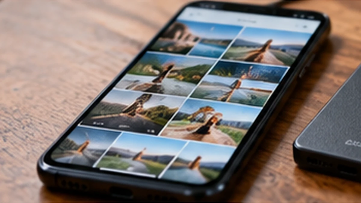 โทรศัพท์แสดงภาพถ่ายบนโต๊ะข้างอุปกรณ์เก็บข้อมูล (ภาพสร้างด้วย AI ประกอบแนวคิด ไม่ใช่ภาพผลิตภัณฑ์จริง)