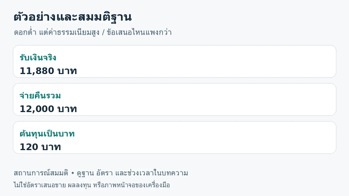 ภาพสรุปตัวอย่าง: รับเงินจริง 11,880 บาท; จ่ายคืนรวม 12,000 บาท; ต้นทุนเป็นบาท 120 บาท
