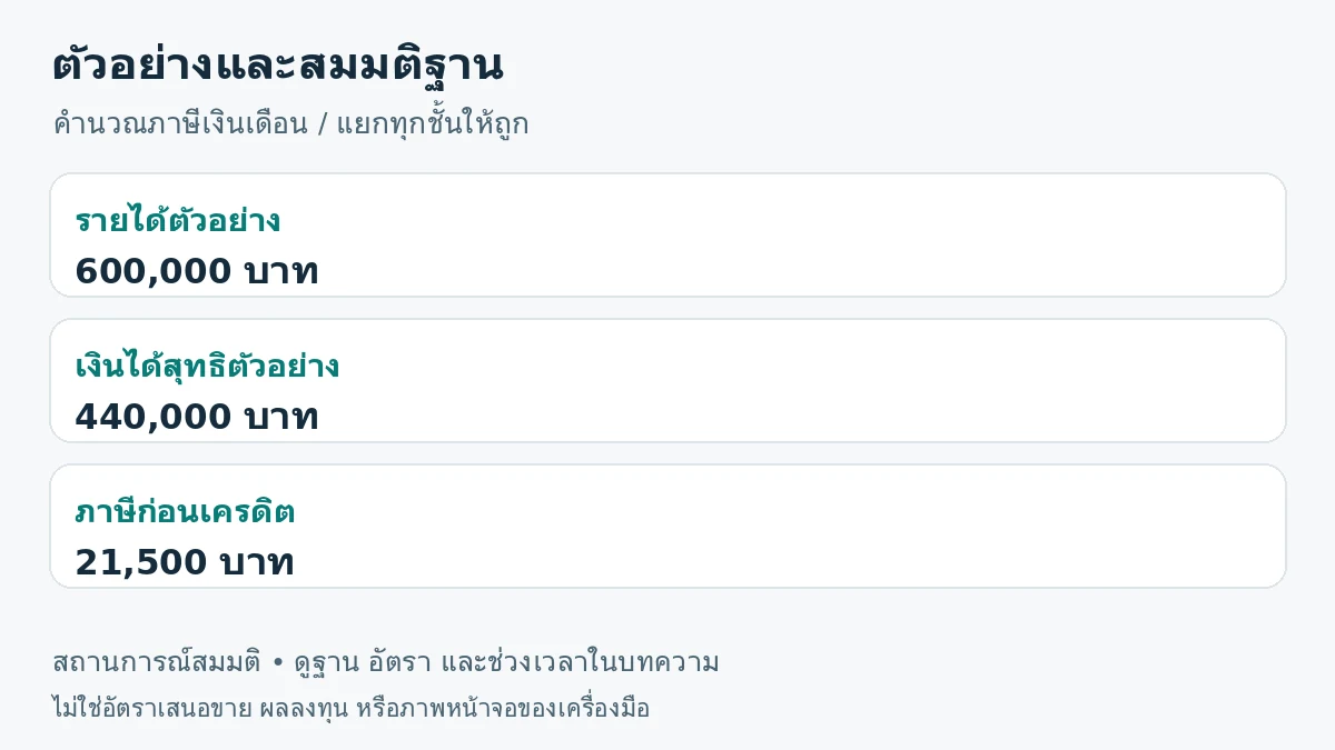 ภาพสรุปตัวอย่าง: รายได้ตัวอย่าง 600,000 บาท; เงินได้สุทธิตัวอย่าง 440,000 บาท; ภาษีก่อนเครดิต 21,500 บาท
